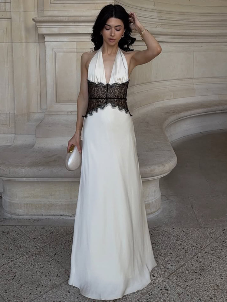FAZILAH | Alvara Halterneck Lace Panel Maxi Dress