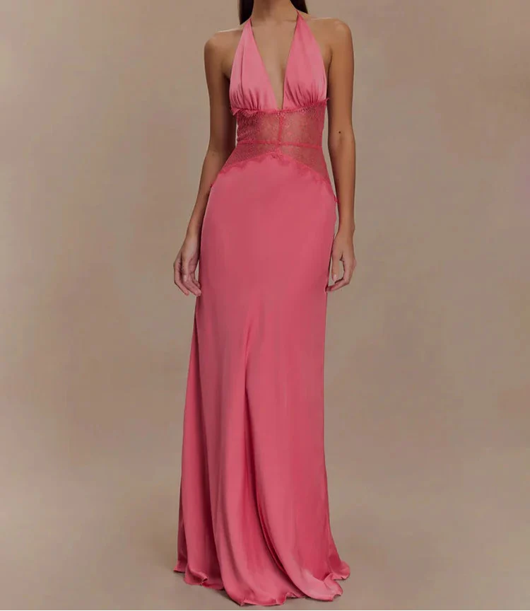 FAZILAH | Alvara Halterneck Lace Panel Maxi Dress