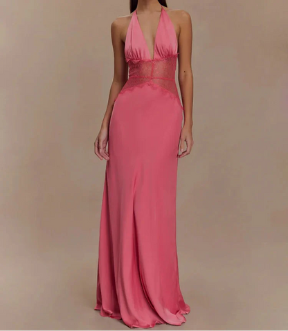 FAZILAH | Alvara Halterneck Lace Panel Maxi Dress
