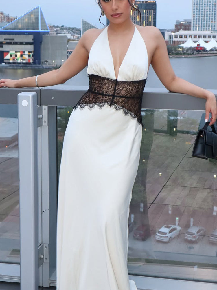 FAZILAH | Alvara Halterneck Lace Panel Maxi Dress