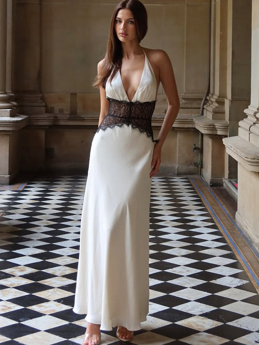 FAZILAH | Alvara Halterneck Lace Panel Maxi Dress